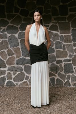 Hailee Slinky And Mesh Halter Maxi Dress - Black/White