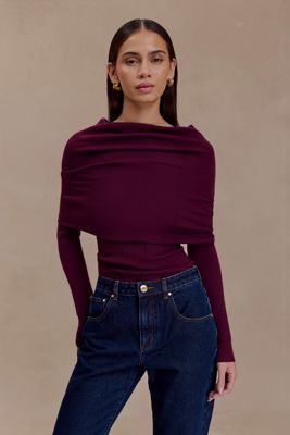 Mazie Asymetrical Cashmere Blend Long Sleeve Knit Top - Plum