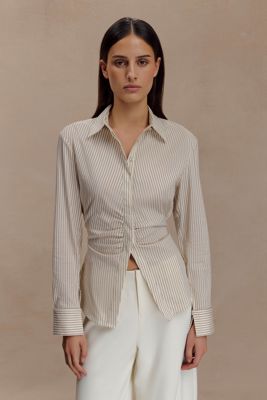 Millie Tie Back Cotton Shirt - Beige Pinstripe
