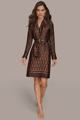 Printed Long Sleeve Scarf Sheath Dress