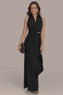 Sleeveless Wrap-Effect Ruffle Maxi Gown