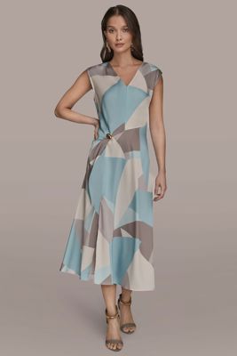 Cap-Sleeve V-Neck Printed Midi Dress