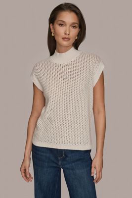 Sleeveless Mock-Neck Open Stitch Sweater