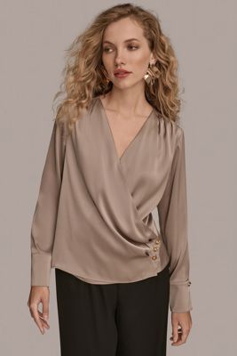 Satin Long Sleeve V-Neck Top
