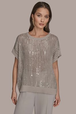Short Sleeve Open-Weave Sweater With Sequin Detail