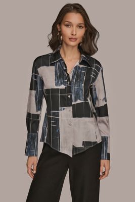 Abstract Print Handkerchief Hem Satin Shirt