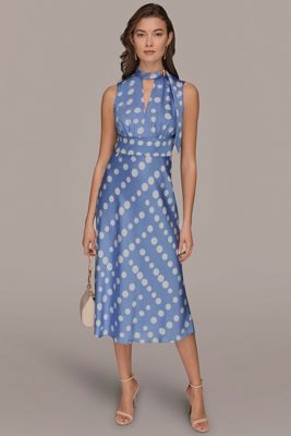 Satin Polka-Dot Tie-Neck Midi Dress