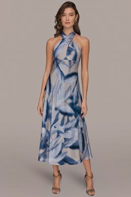 Printed Charmeuse Midi Halter Dress