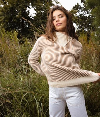 The Luxe Cashmere Blend Two-Tone Button Neck Sweater - Fawn & Dune