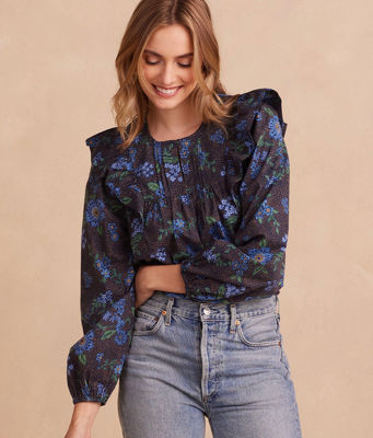 The Countryside Poplin Ruffle Blouse - Rustic Floral In Midnight