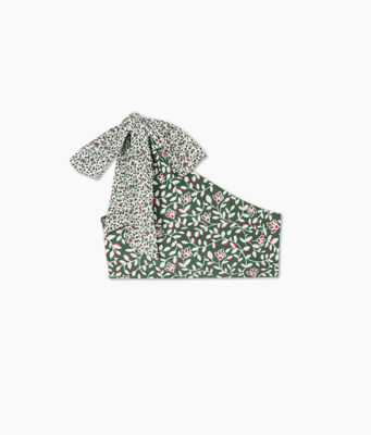 The Bow-Shoulder Ruched Sidestroke Bikini Top - Twilight Floral In Olive