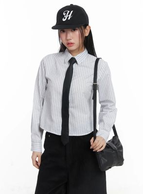 Striped Crop Button-Up Shirt Cd529