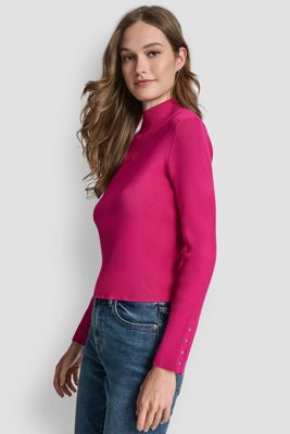 Rib Long Sleeve Mock Neck With Rhinestones At Cuff