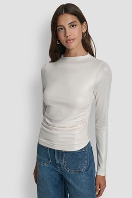 Side Ruched High Neck Long Sleeve Top
