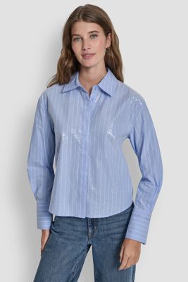 Poplin Button Front Shirt With Sequins