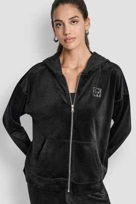 Velour Rhinestone Two Tone Logo Full Zip Hoodie