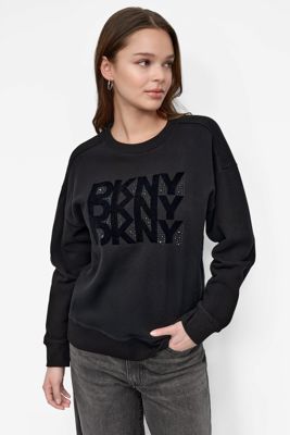 Dkny Flocking Rhinestone Logo Crew Neck Sweatshirt