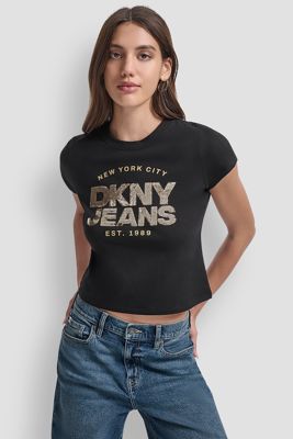 Sequin Dkny Jeans Foil Type Logo Fitted Baby Tee