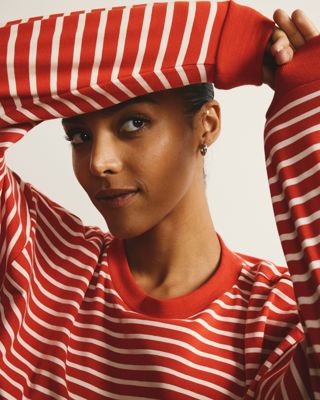 Long Sleeve Relaxed Tee - Poppy/Ecru Stripe