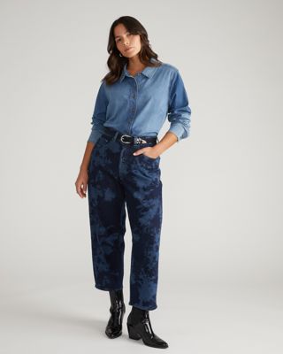 Dakota Cropped Barrel Leg Jeans - Indigo Tiedye Wash