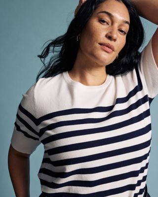 Savvy Fine Knit Sweater Top - Cream/Navy Stripes