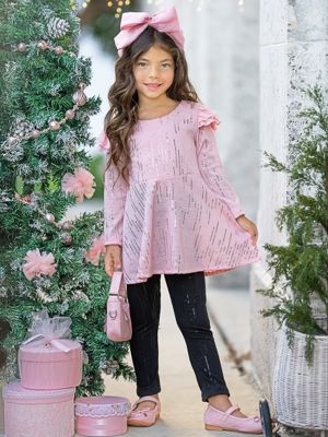 Shine Bright Shimmer Pink Ruffle Top And Legging Set