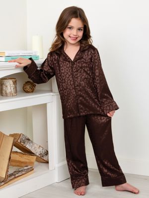 Girls Brown Leopard Print Silky Pajama Set