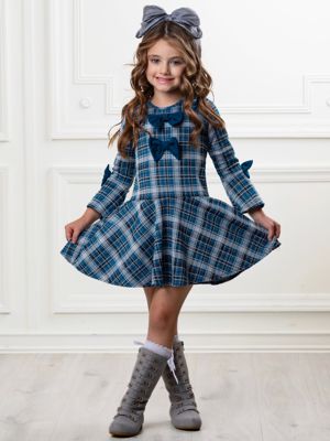 Bows & Blues Plaid Bell Sleeve Dress