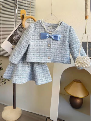 Chic Blue Plaid Girls Tweed Jacket And Skirt Set