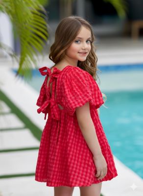 Gingham Puff Sleeve Aline Bow Dress
