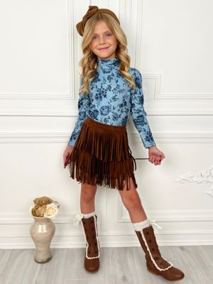 Boho Blue Long Sleeve Top And Fringe Skort Set
