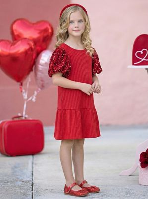 Glam Sequin Puff Sleeve Red Dress