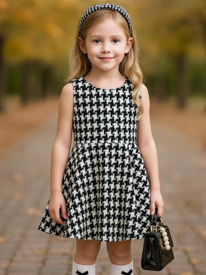 Girls Houndstooth Sleeveless A-Line Dress