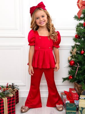 Holiday Chic Puff Sleeve Top And Ruffle Pant Set
