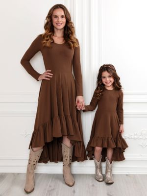 Mommy And Me Brown Ruffled Rib Hi-Lo Twirl Dress