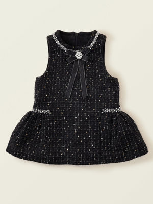 Black Tweed Pearl Bow Ruffle Tank Dress