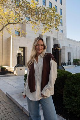 Cream Striped Button Up With Sweater