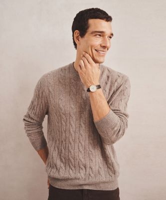 Lightweight Cashmere Cable Crewneck Sweater