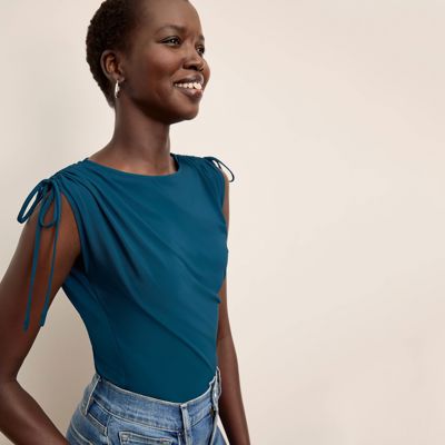 Dotty Cinch-Sleeve Top - Light Jersey :: Moroccan Blue