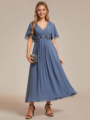 Ever Dahlia-Floral Applique Short Sleeve V-Neck Chiffon Bridesmaid Dress