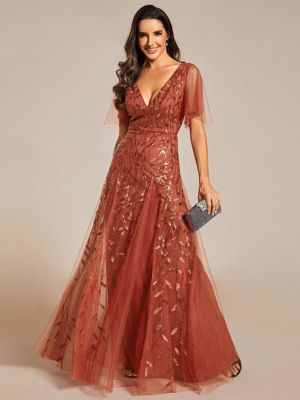 Ever Astral-Ruffle Sleeves Leaf Sequin Maxi Bridesmaid Dress