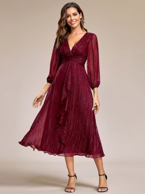 Ever Ember-Glitter Twist Knot See-Through Long Sleeve Wedding Guest Dress