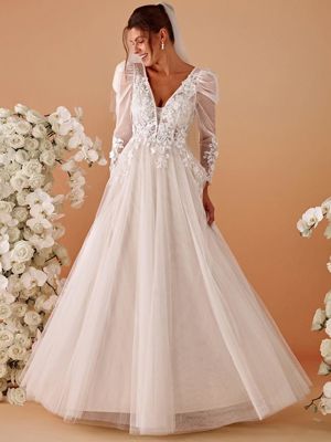 Genova’s Bride-V Neck Leg Of Mutton Sleeves Applique See-Through Wedding Dress