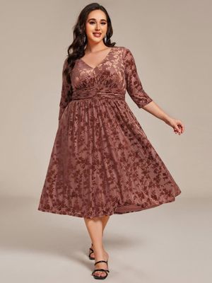 Pretty Nyra-Plus Size 3/4 Sleeve Floral Velvet Wedding Guest Dress With Pockets