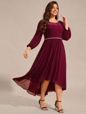 Pretty Amyra-Plus Size Lace Round Neck Long Sleeve Chiffon Midi Wedding Guest Dress