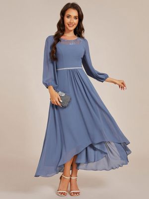 Ever Amyra-Long Sleeve Waist Chain Round Neckline Midi Chiffon Wedding Guest Dress
