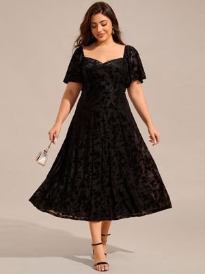 Pretty Bloom-Plus Size Printed Velvet A-Line Short Sleeve Tea Length Wedding Guest Dress