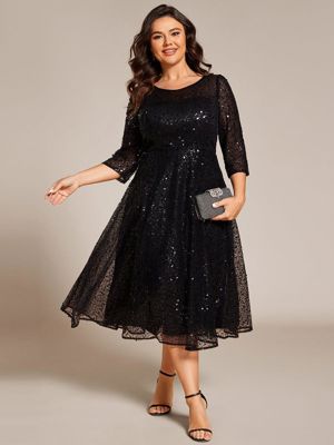 Pretty Sienna-Plus Size 3/4 Sleeve Midi Round Neck A-Line Sequin Wedding Guest Dress