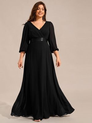 Pretty Olivia-Plus Size Empire Waist Pleated Chiffon Long Sleeves Formal Evening Dress