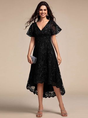 Ever Tidal-Embroidered Mesh Double V-Neck Short Sleeves Midi Wedding Guest Dress